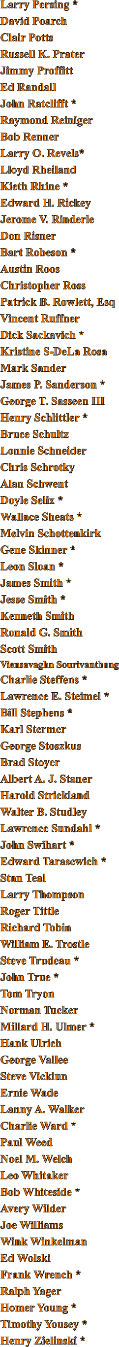 Larry Persing * David Poarch Clair Potts Russell K. Prater Jimmy Proffitt Ed Randall John Ratclifft * Raymond Reiniger Bob Renner Larry O. Revels* Lloyd Rheiland Kieth Rhine * Edward H. Rickey Jerome V. Rinderle Don Risner Bart Robeson * Austin Roos Christopher Ross Patrick B. Rowlett, Esq Vincent Ruffner Dick Sackavich * Kristine S-DeLa Rosa Mark Sander James P. Sanderson * George T. Sasseen III Henry Schlittler * Bruce Schultz Lonnie Schneider Chris Schrotky Alan Schwent Doyle Selix * Wallace Sheats * Melvin Schottenkirk Gene Skinner * Leon Sloan * James Smith * Jesse Smith * Kenneth Smith Ronald G. Smith Scott Smith Viensavaghn Sourivanthong Charlie Steffens * Lawrence E. Steimel * Bill Stephens * Karl Stermer George Stoszkus Brad Stoyer Albert A. J. Staner Harold Strickland Walter B. Studley Lawrence Sundahl * John Swihart * Edward Tarasewich * Stan Teal Larry Thompson Roger Tittle Richard Tobin William E. Trostle Steve Trudeau * John True * Tom Tryon Norman Tucker Millard H. Ulmer * Hank Ulrich George Vallee Steve Vicklun Ernie Wade Lanny A. Walker Charlie Ward * Paul Weed Noel M. Welch Leo Whitaker Bob Whiteside * Avery Wilder Joe Williams Wink Winkelman Ed Wolski Frank Wrench * Ralph Yager  Homer Young * Timothy Yousey * Henry Zielinski *